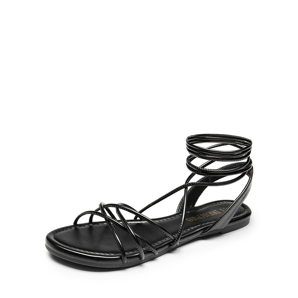 Strappy Lace Up Flat Sandals - BLACK -  0