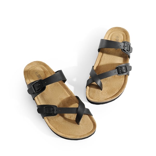 Cork Footbed Thong Slide Sandals  - BLACK - 5