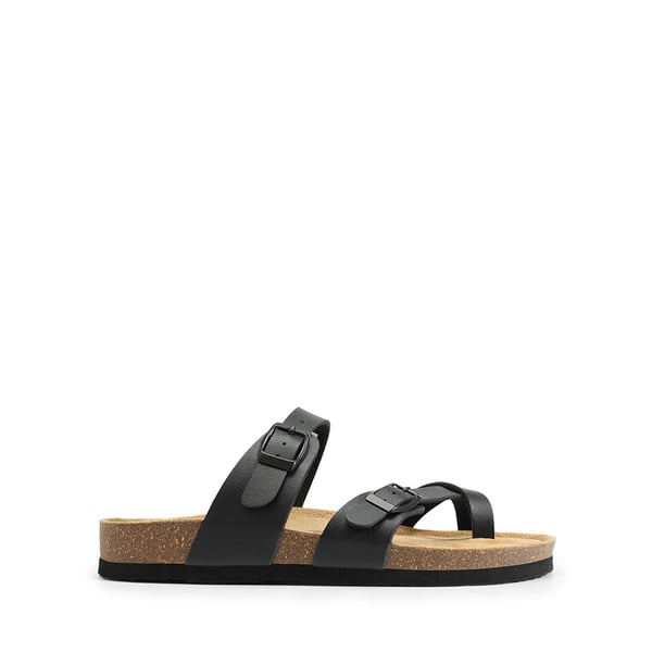 Cork Footbed Thong Slide Sandals  - BLACK - 3