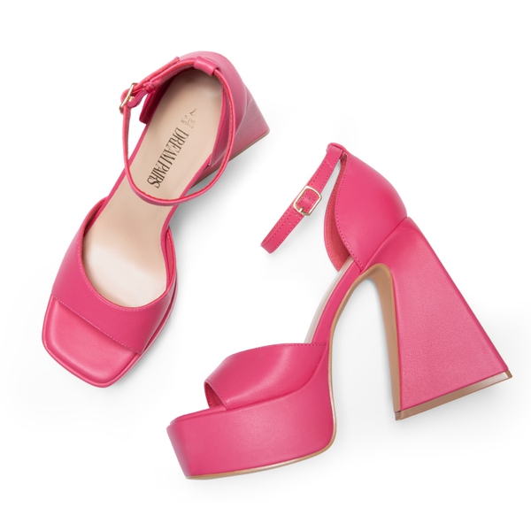 Chunky Ankle-Strap Platform Heel Sandals - HOT PINK-PU - 6