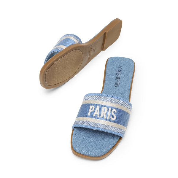 Square Toe Flat Slide Sandals - DENIM BLUE-CANVAS - 6