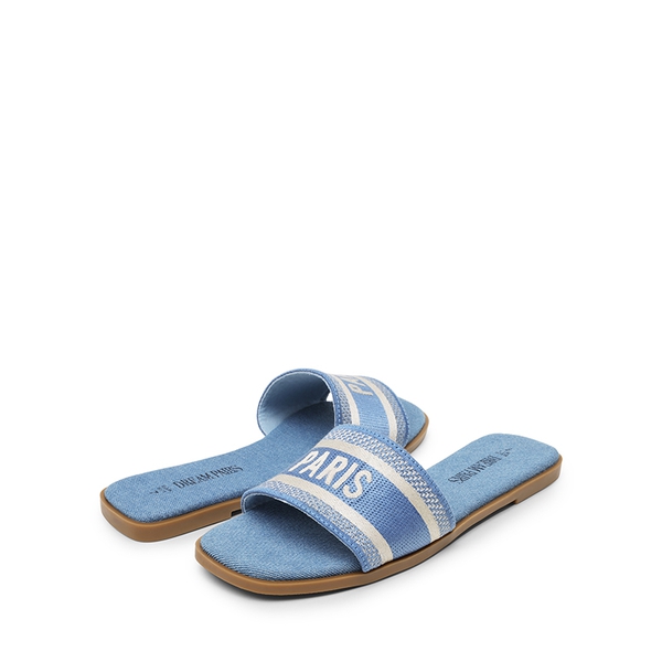 Square Toe Flat Slide Sandals - DENIM BLUE-CANVAS - 5