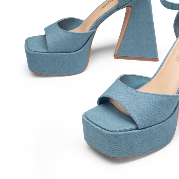 Chunky Ankle-Strap Platform Heel Sandals - DENIM BLUE - 5