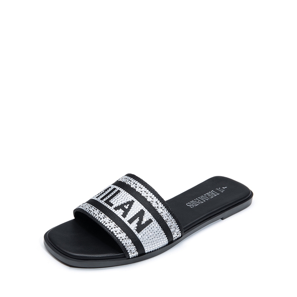 Square Toe Flat Slide Sandals - BLACK-RHINESTONE -  0