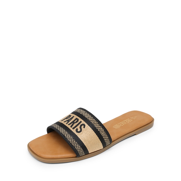Square Toe Flat Slide Sandals - BLACK -  0