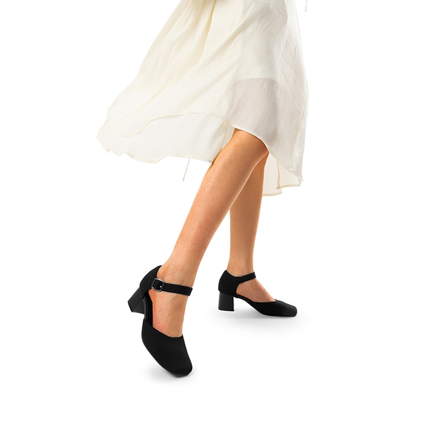 Square Toe Knitted Block Heel Pumps - BLACK - 2