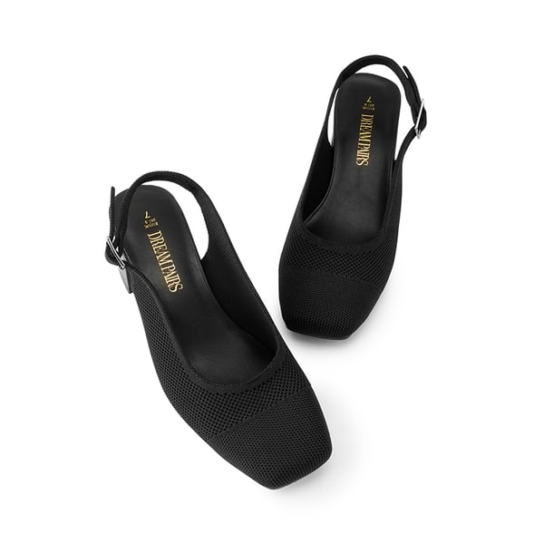 Slingback Knitted Square Toe Pumps - BLACK - 4