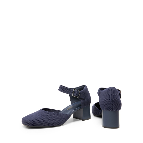 Square Toe Knitted Block Heel Pumps - NAVY - 6
