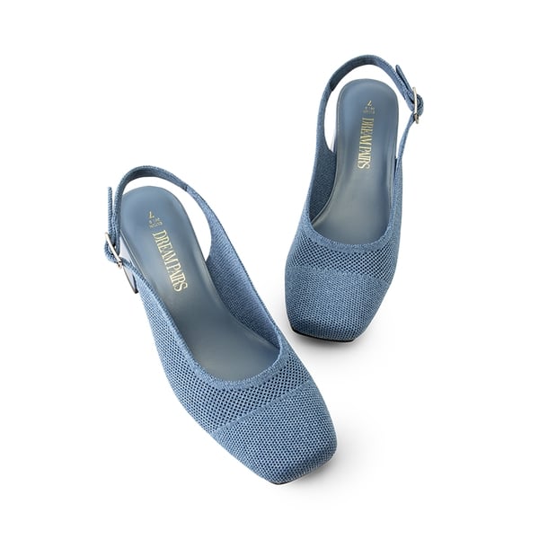 Slingback Knitted Square Toe Pumps - DENIM BLUE - 4