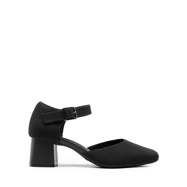 Square Toe Knitted Block Heel Pumps - BLACK - 4