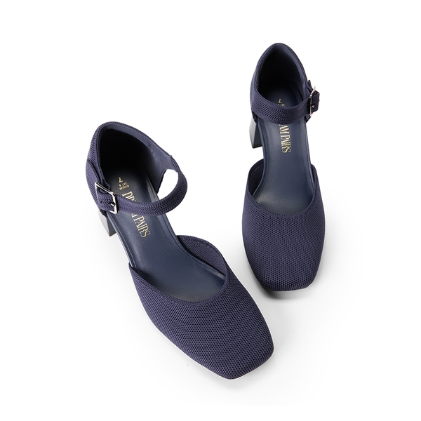Square Toe Knitted Block Heel Pumps - NAVY - 5