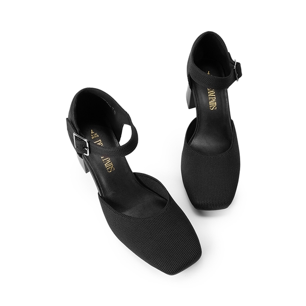 Square Toe Knitted Block Heel Pumps - BLACK - 5