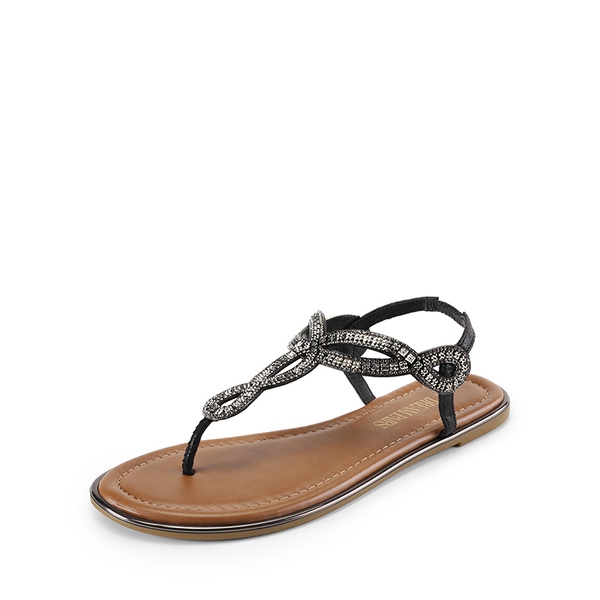 Comfortable T-Strap Thong Flat Sandals - BLACK-RHINESTONE -  0