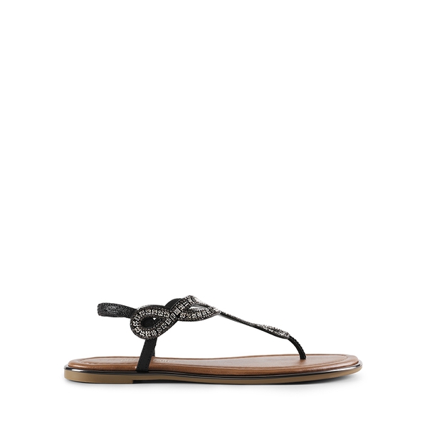Comfortable T-Strap Thong Flat Sandals - BLACK-RHINESTONE - 3