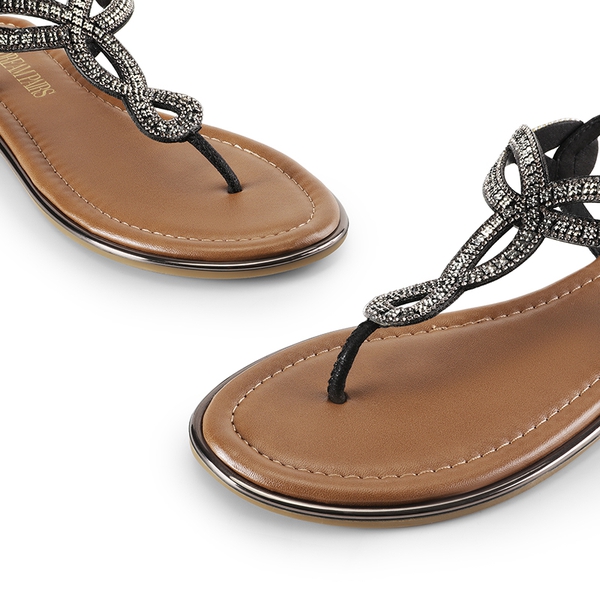 Comfortable T-Strap Thong Flat Sandals - BLACK-RHINESTONE - 6