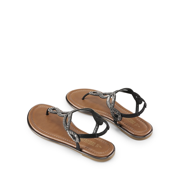 Comfortable T-Strap Thong Flat Sandals - BLACK-RHINESTONE - 5