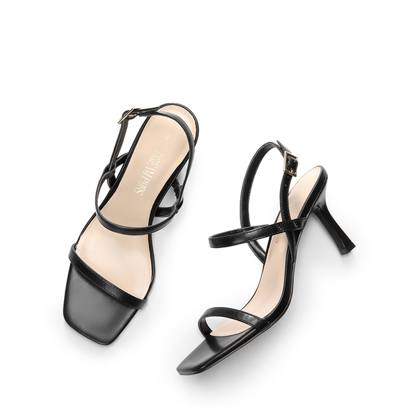 Ankle Strap Square-Toe Strappy Sandals - BLACK - 5