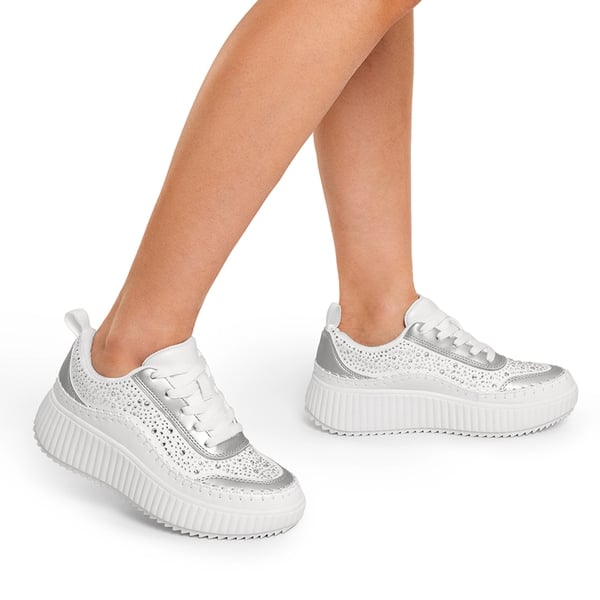[Arch] Tweed-Effect Platform Fashion Sneakers - WHITE-RHINESTONE - 2