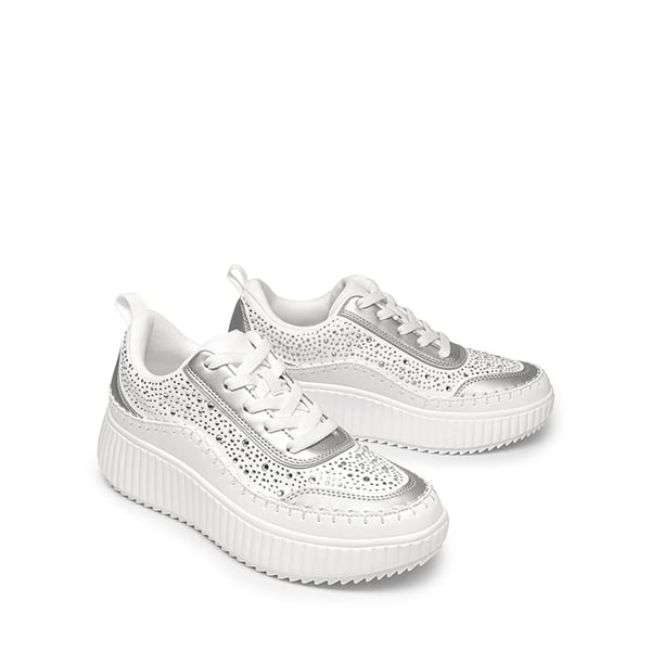 [Arch] Tweed-Effect Platform Fashion Sneakers - WHITE-RHINESTONE - 5