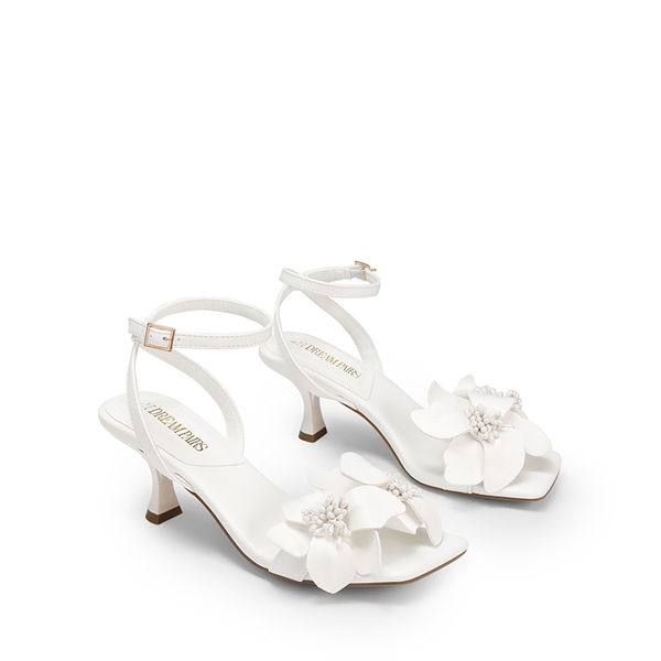 Flower Kitten Heel Sandals - WHITE-PU - 6