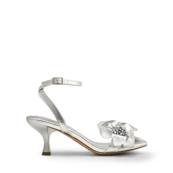 Flower Kitten Heel Sandals - SILVER-PU - 3