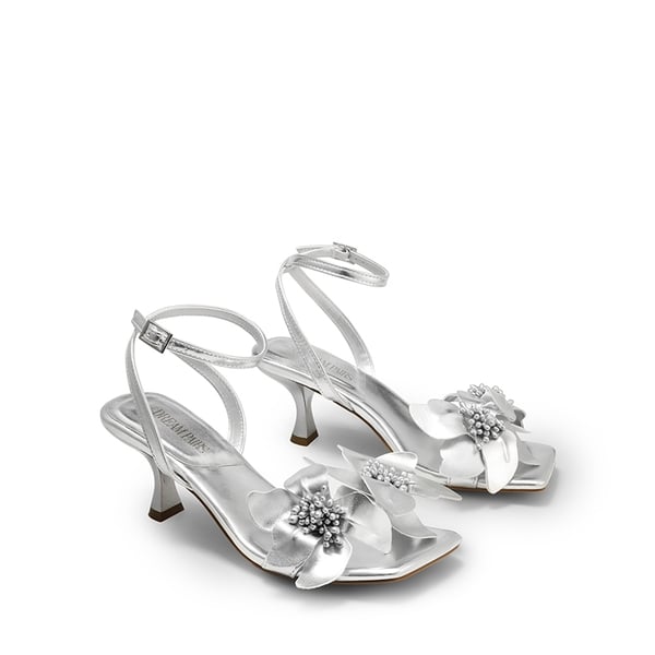 Flower Kitten Heel Sandals - SILVER-PU - 6