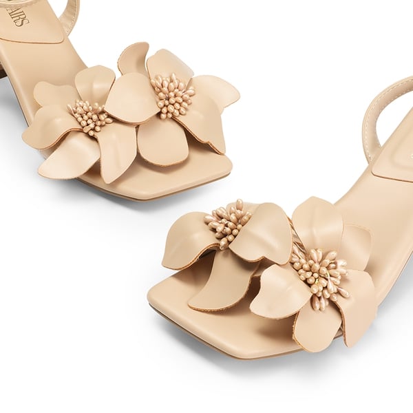 Flower Kitten Heel Sandals - NUDE-PU - 5