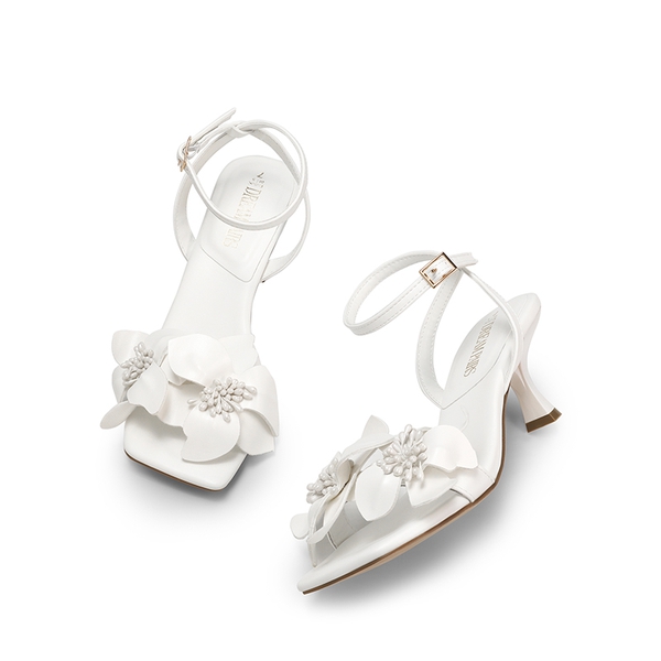 Flower Kitten Heel Sandals - WHITE-PU - 4