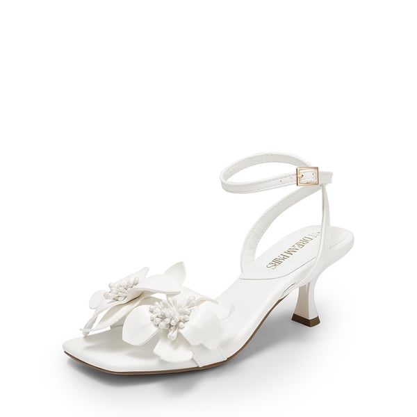 Flower Kitten Heel Sandals - WHITE-PU -  0