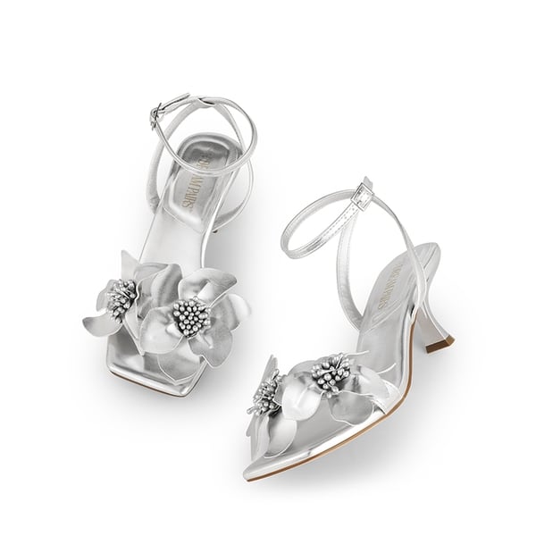 Flower Kitten Heel Sandals - SILVER-PU - 4