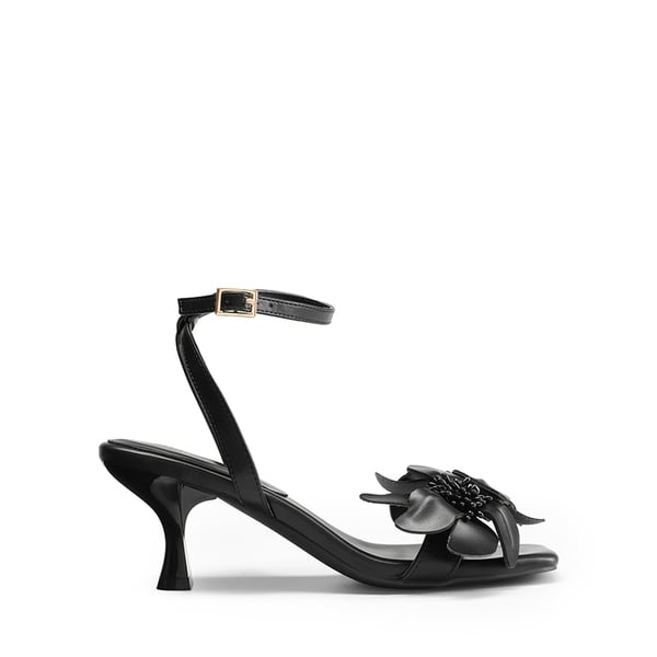 Flower Kitten Heel Sandals - BLACK-PU - 3