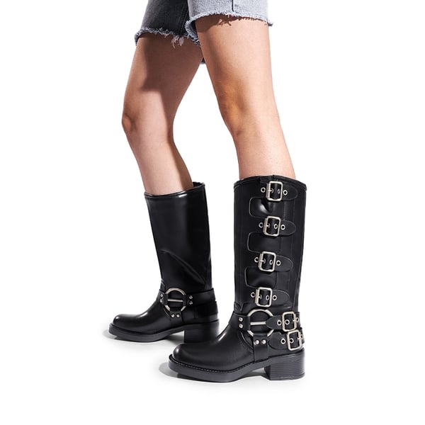 Square Toe Motorcycle Boots - BLACK - 2