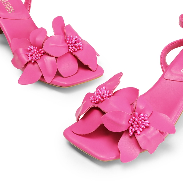 Flower Kitten Heel Sandals - HOT PINK-PU - 5