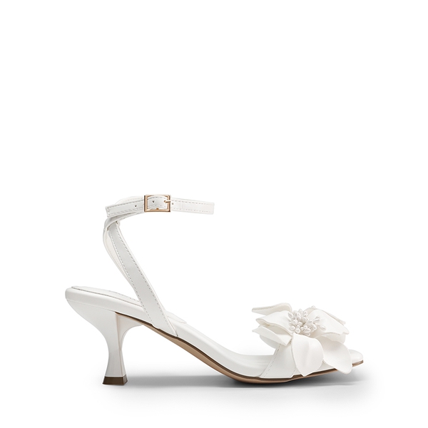 Flower Kitten Heel Sandals - WHITE-PU - 3