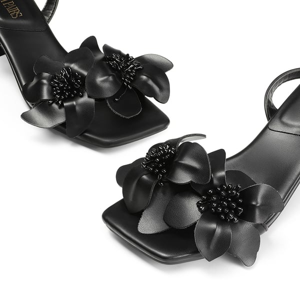 Flower Kitten Heel Sandals - BLACK-PU - 5