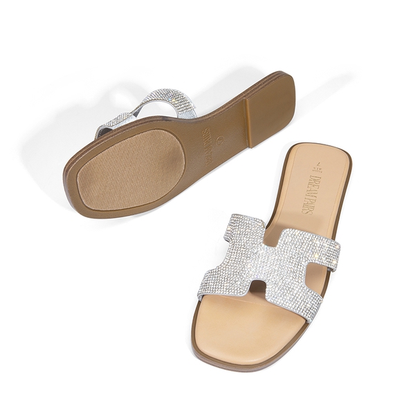 Cut-out Strap Light Sole Slide Sandals - SILVER-RHINESTONE - 6