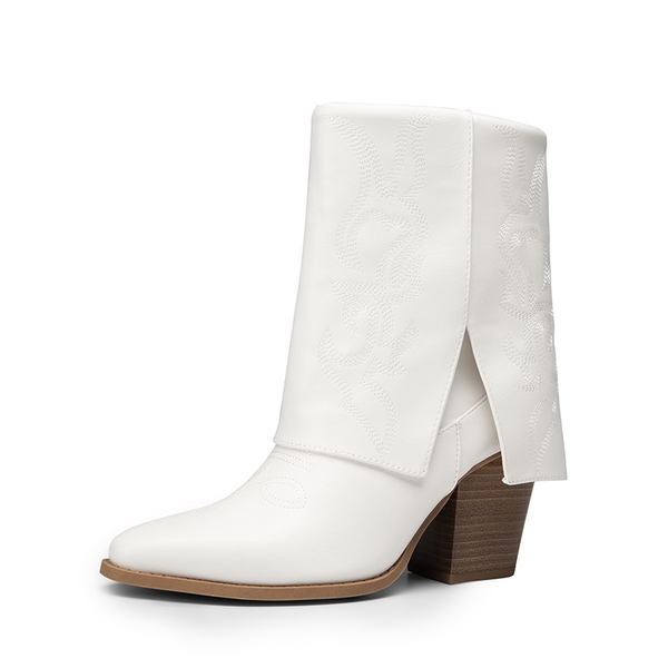 Fold Over Embroidered Cowgirl Boots - WHITE-PU -  0