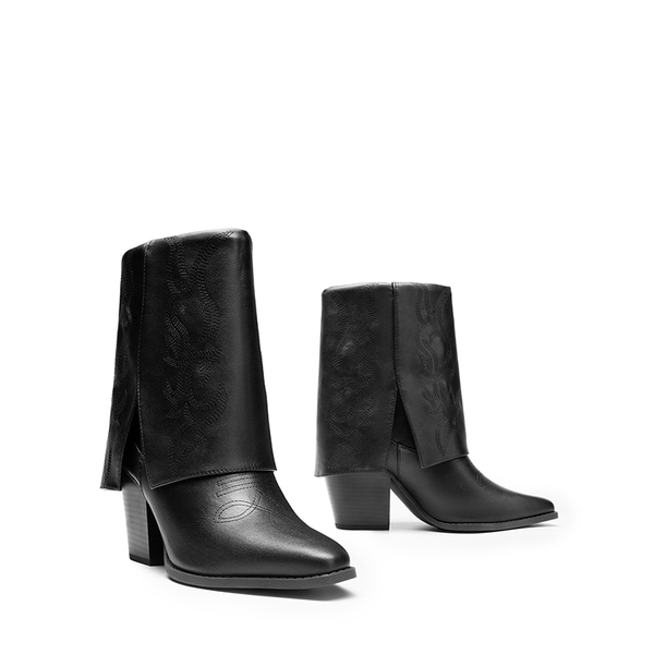 Fold Over Embroidered Cowgirl Boots - BLACK-PU - 4