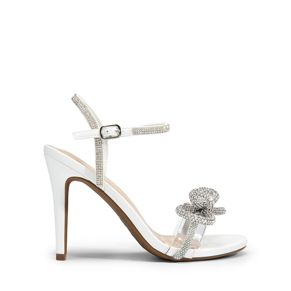 Double Bowknots Rhinestone Stiletto Heels - WHITE-PU - 3