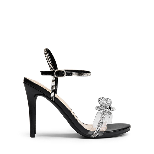 Double Bowknots Rhinestone Stiletto Heels - BLACK-PU - 3