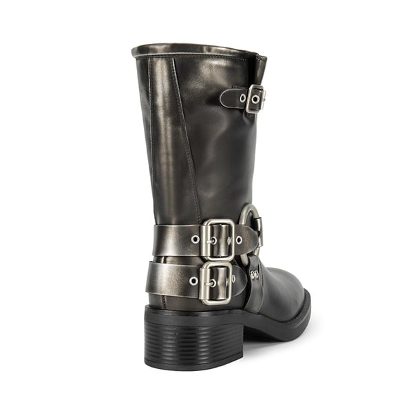 Buckles Motorcycle Mid-Calf Boots - SILVER - 4