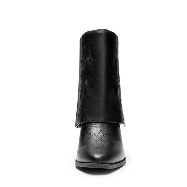 Fold Over Embroidered Cowgirl Boots - BLACK-PU - 3