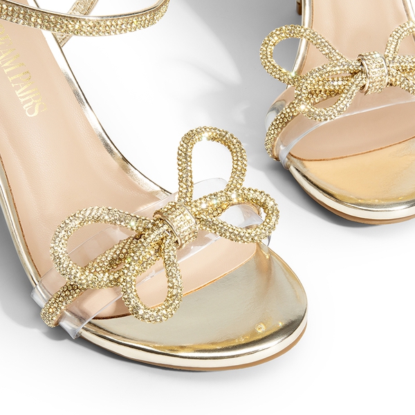 Double Bowknots Rhinestone Stiletto Heels - ROSE GOLD-RHINESTONE - 5