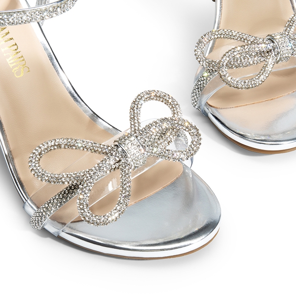 Double Bowknots Rhinestone Stiletto Heels - SILVER-PU - 5