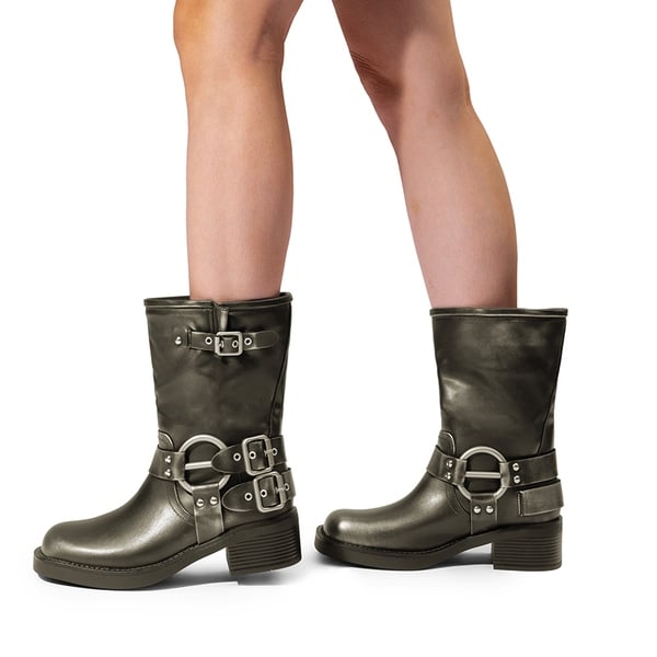 Buckles Motorcycle Mid-Calf Boots - SILVER - 2