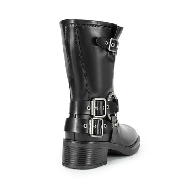 Buckles Motorcycle Mid-Calf Boots - BLACK - 4