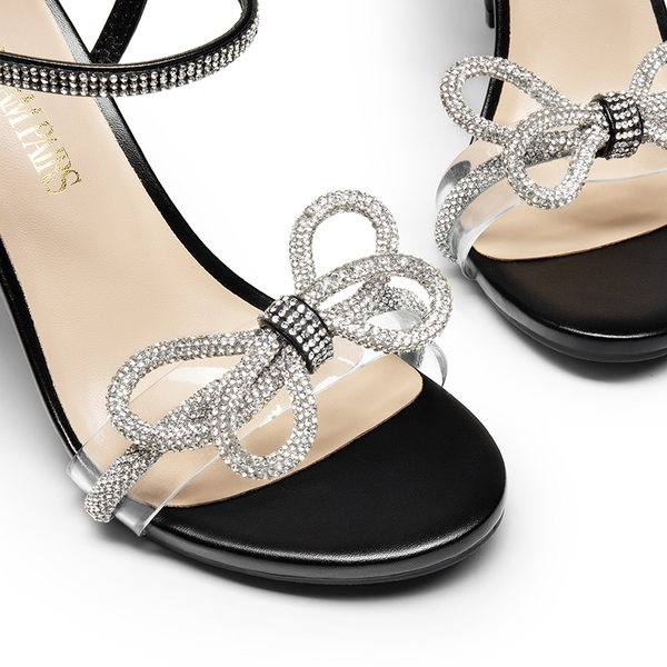 Double Bowknots Rhinestone Stiletto Heels - BLACK-PU - 5