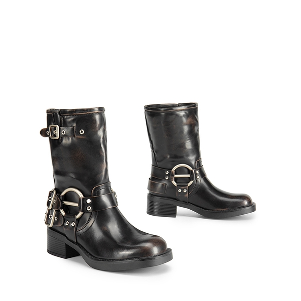 Buckles Motorcycle Mid-Calf Boots - BLACK BROWN - 6
