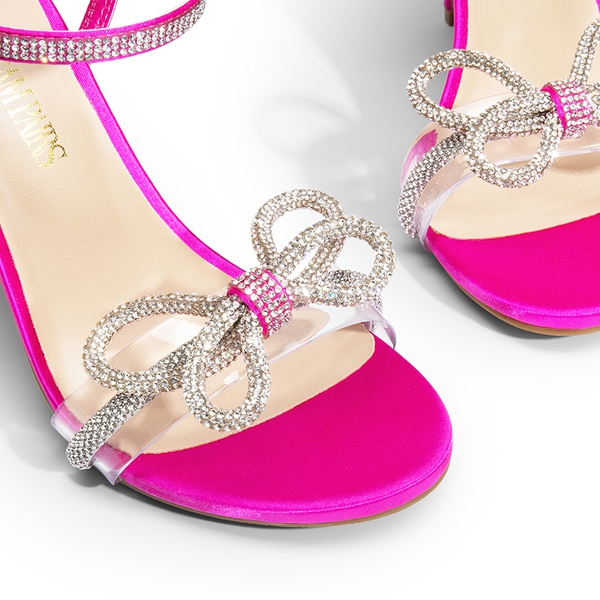 Double Bowknots Rhinestone Stiletto Heels - HOT PINK-SATIN - 5