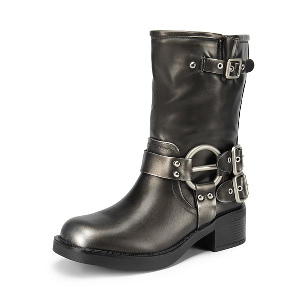 Buckles Motorcycle Mid-Calf Boots - SILVER -  0